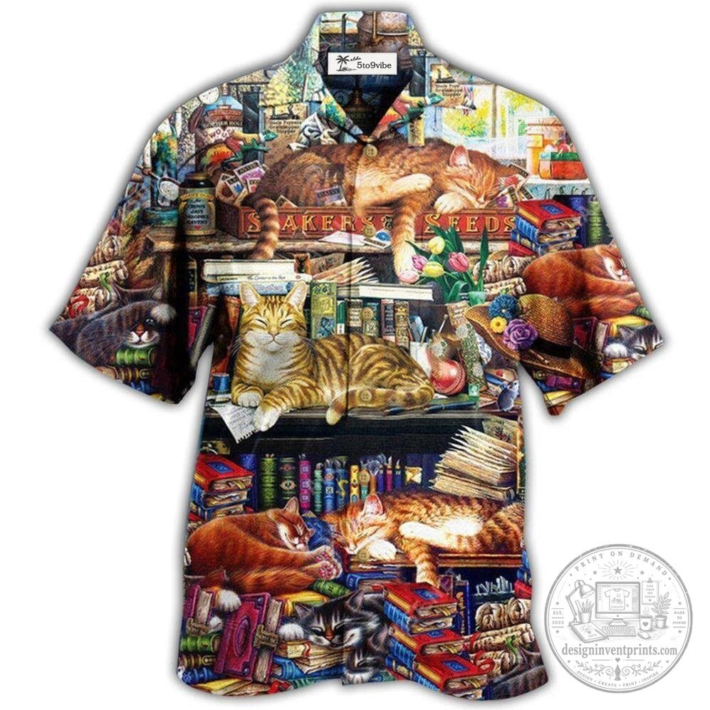 Cats Sleeping On Bookshelf Hawaiian Shirt - Cute Feline Book Lover Aloha Shirt