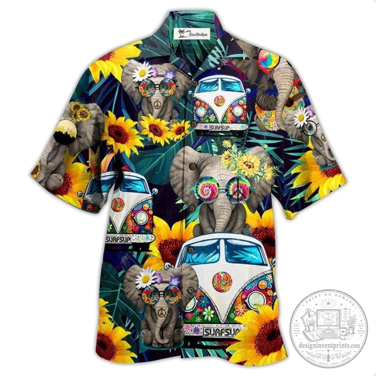 Hippie Elephant Volkswagen Van Sunflower Hawaiian Shirt 1 Hippie Elephant Volkswagen Van Sunflower Hawaiian Shirt