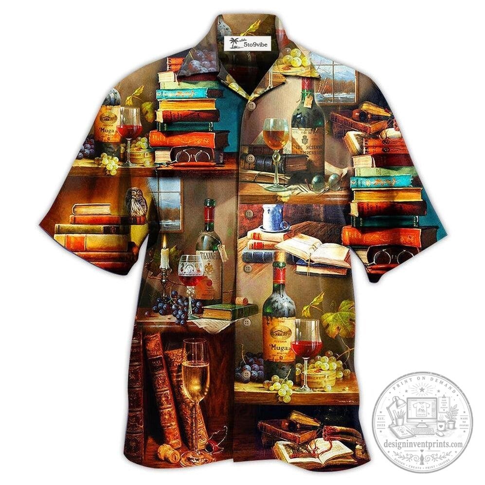Vintage Bookshelf Wine Glasses Grapes Hawaiian Shirt for Men and Women