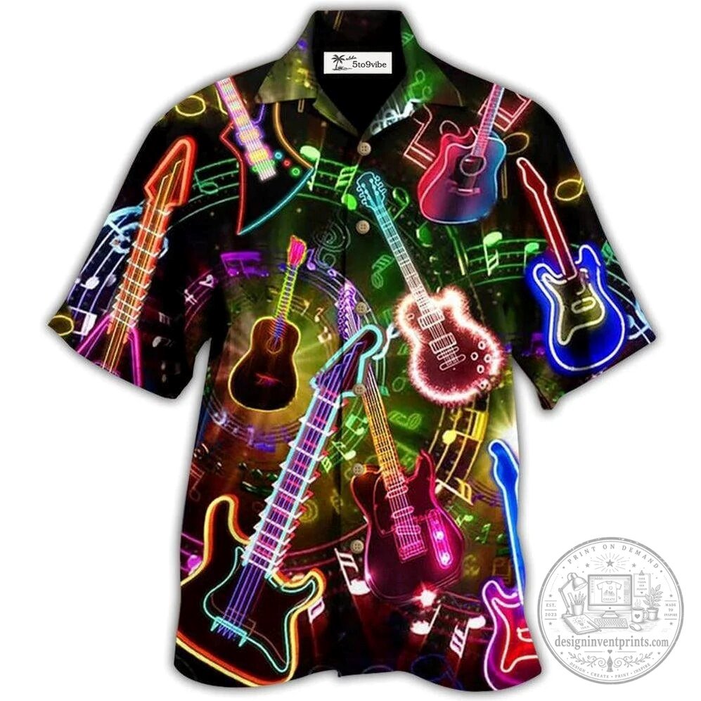 Neon Guitars Music Notes Print Hawaiian Shirt for Men and Women