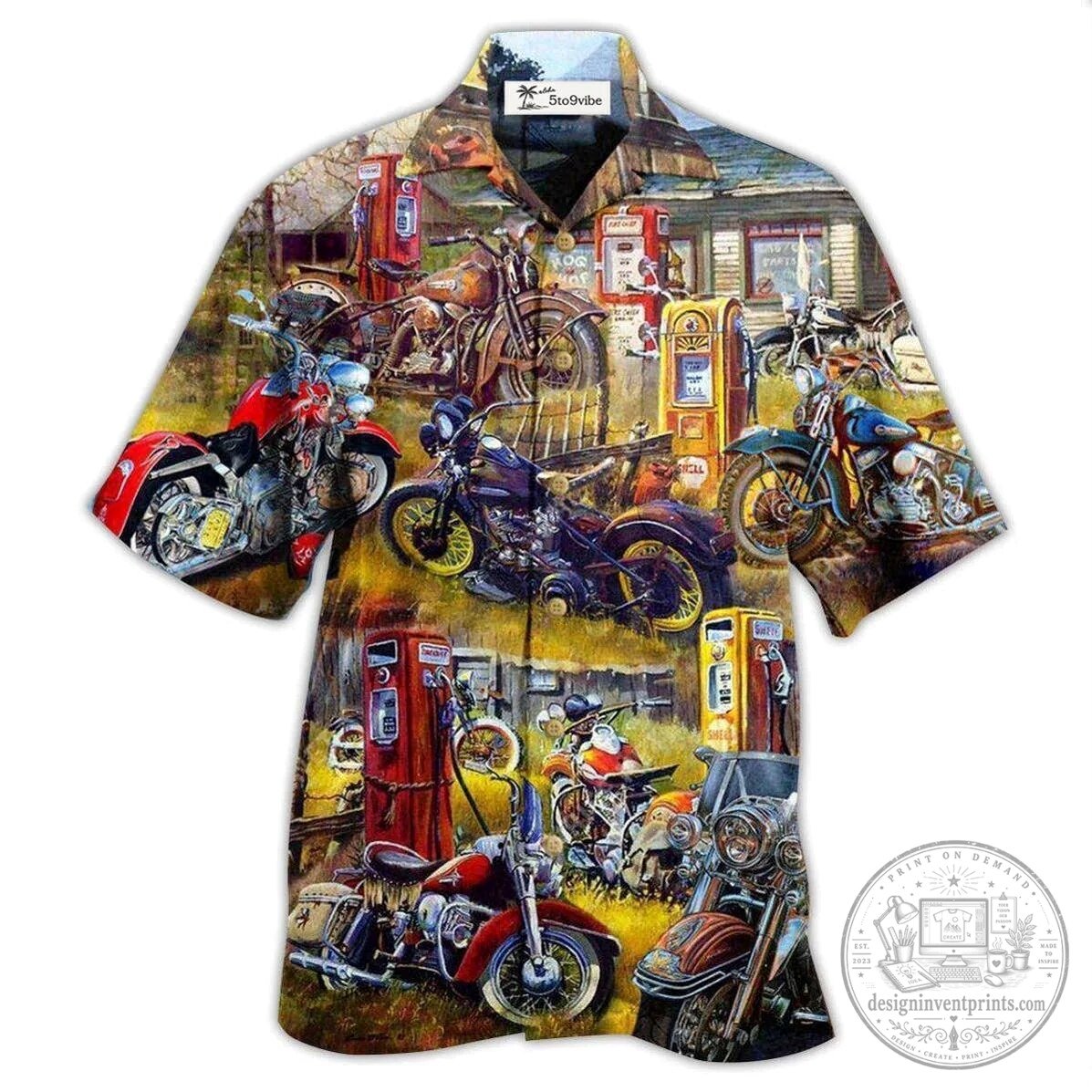 Vintage Motorcycle Gas Station All Over Print Hawaiian Shirt