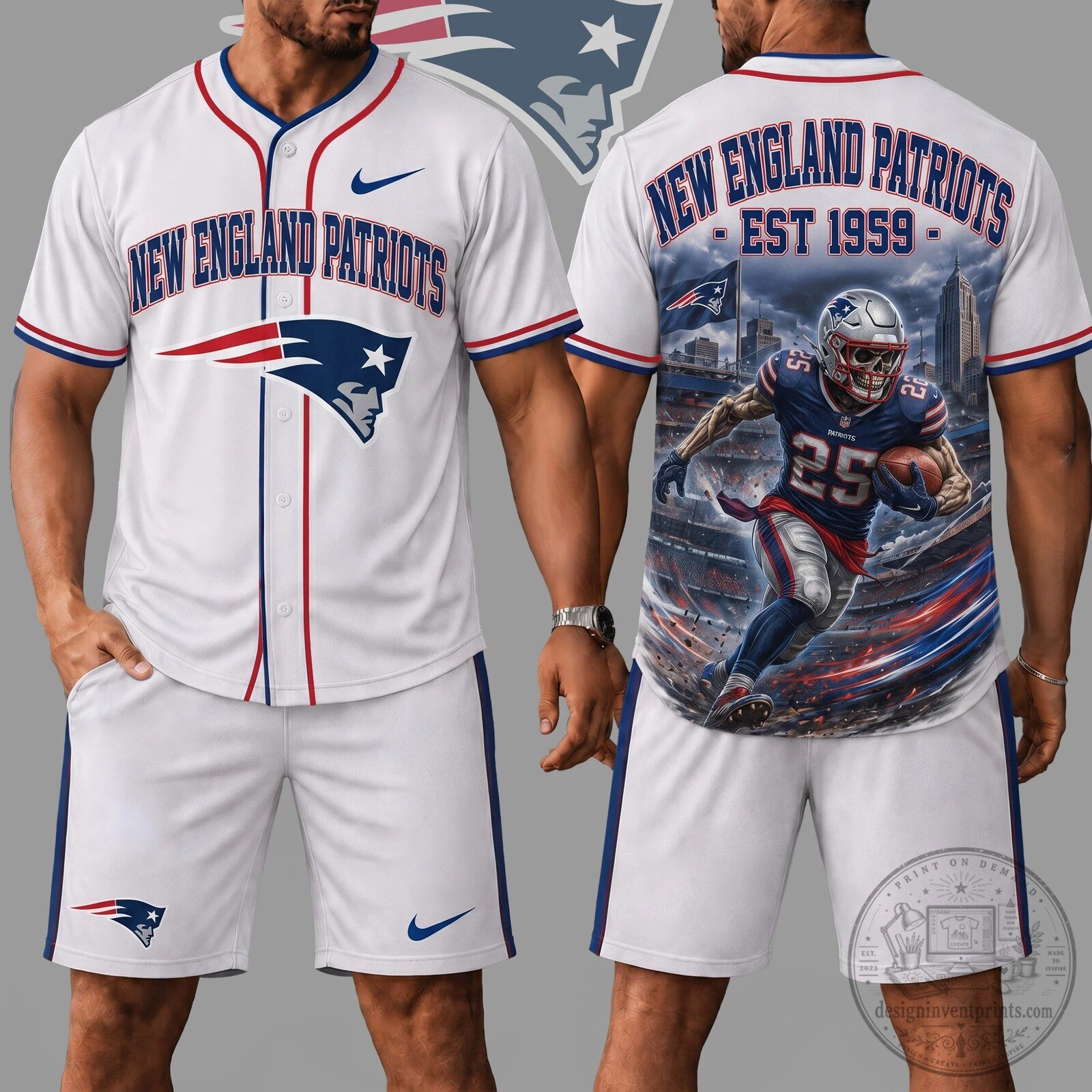 New England Patriots Skull Football Player Baseball Jersey and Shorts Set