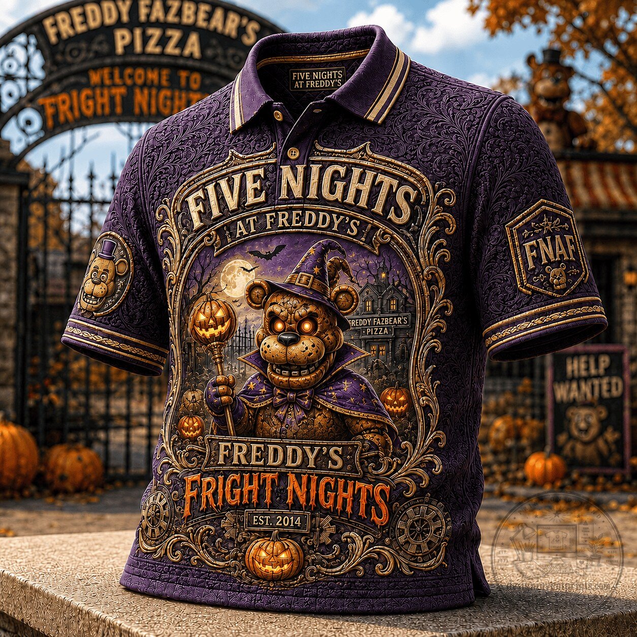 Five Nights At Freddy's Halloween Freddy Fazbear's Pizza Fright Nights Polo Shirt