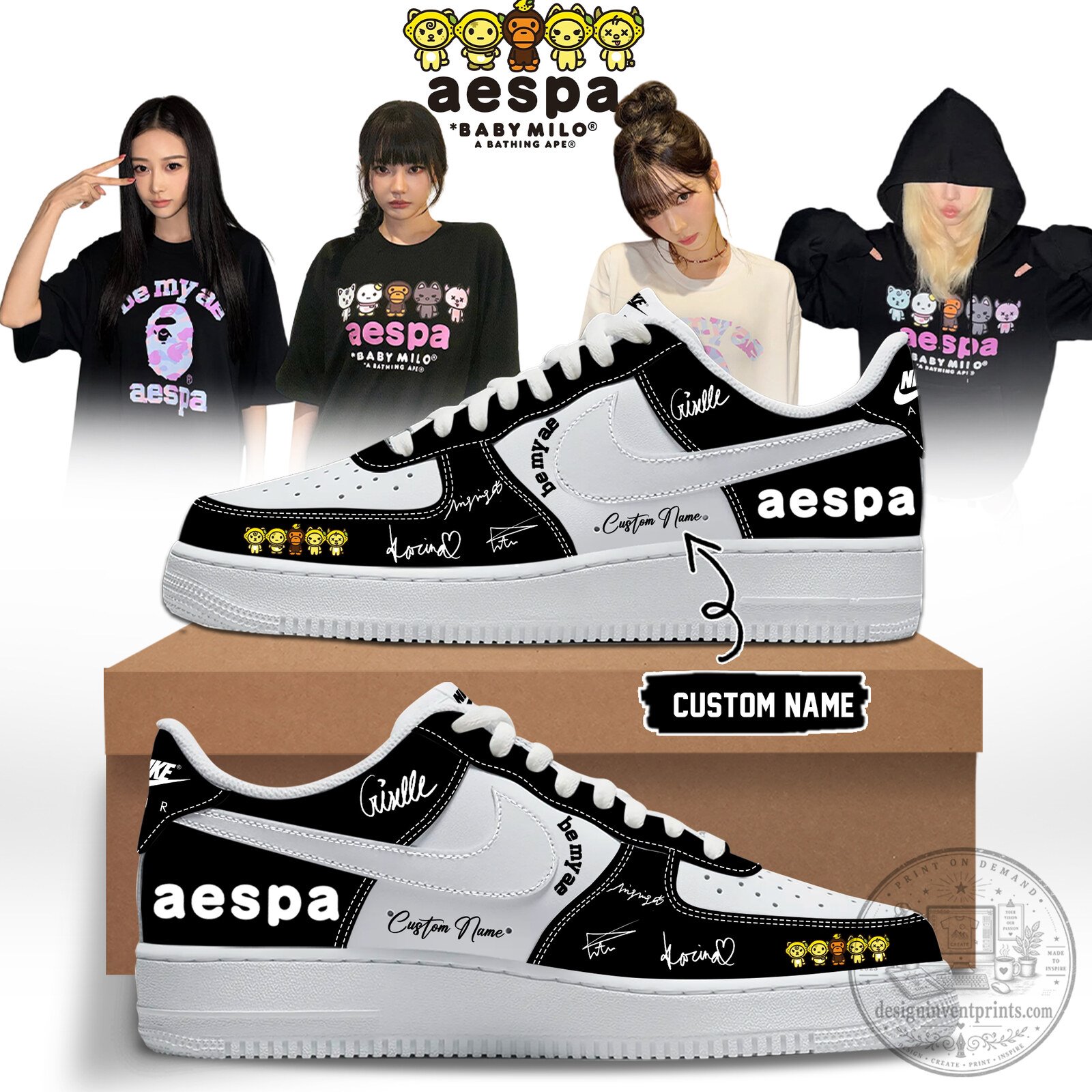 Aespa and Baby Milo Custom Name Black and White Sneakers