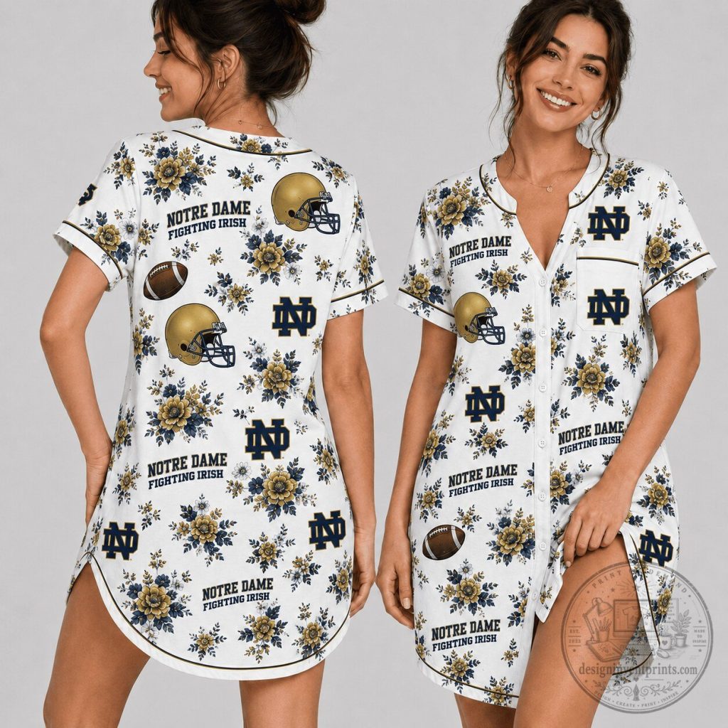 Notre Dame Fighting Irish Floral Football Women's Pajama Shirt Dress Notre Dame Fighting Irish Floral Football Women's Pajama Shirt Dress
