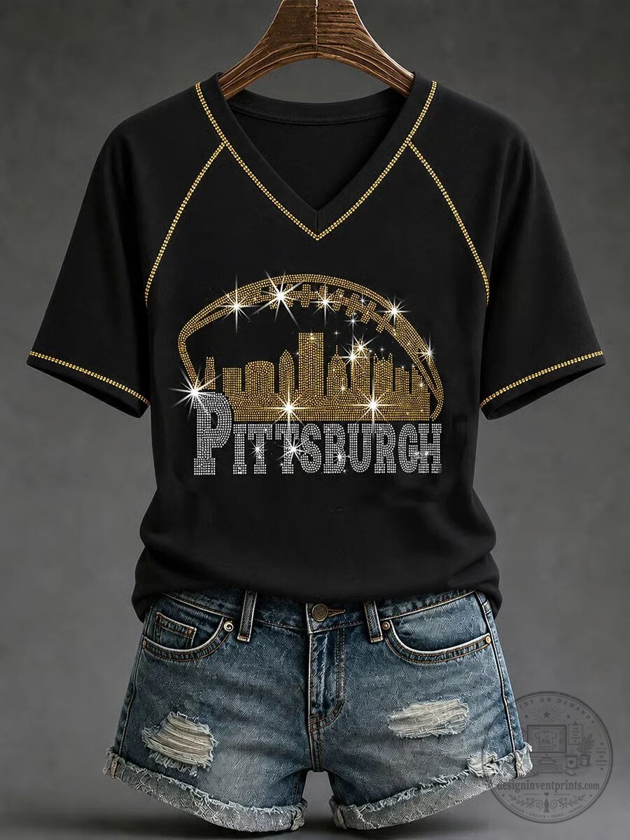 Pittsburgh Football City Skyline Rhinestone V-Neck T-Shirt for Women