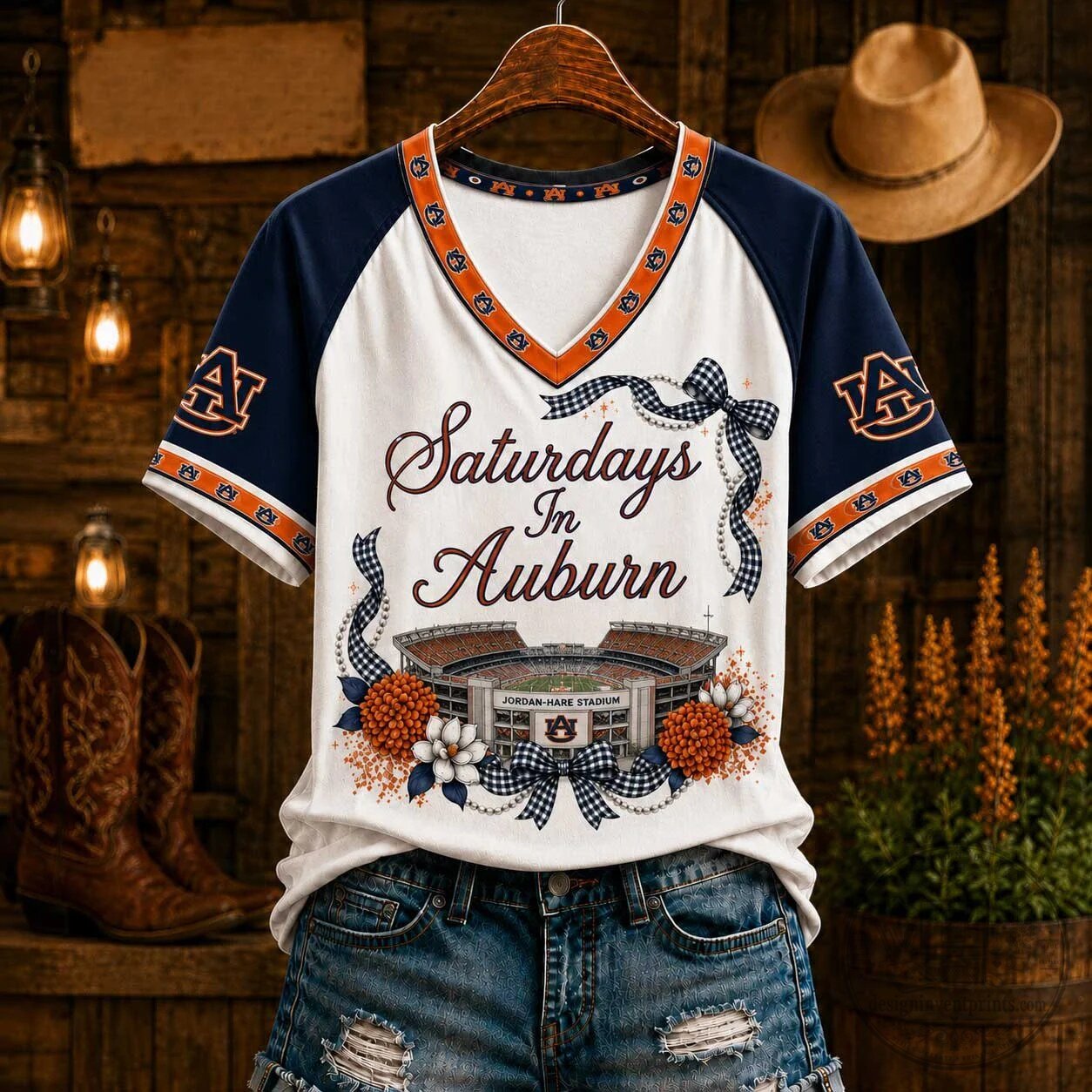Auburn Tigers Saturdays In Auburn Jordan-Hare Stadium Floral Bow V-Neck T-Shirt