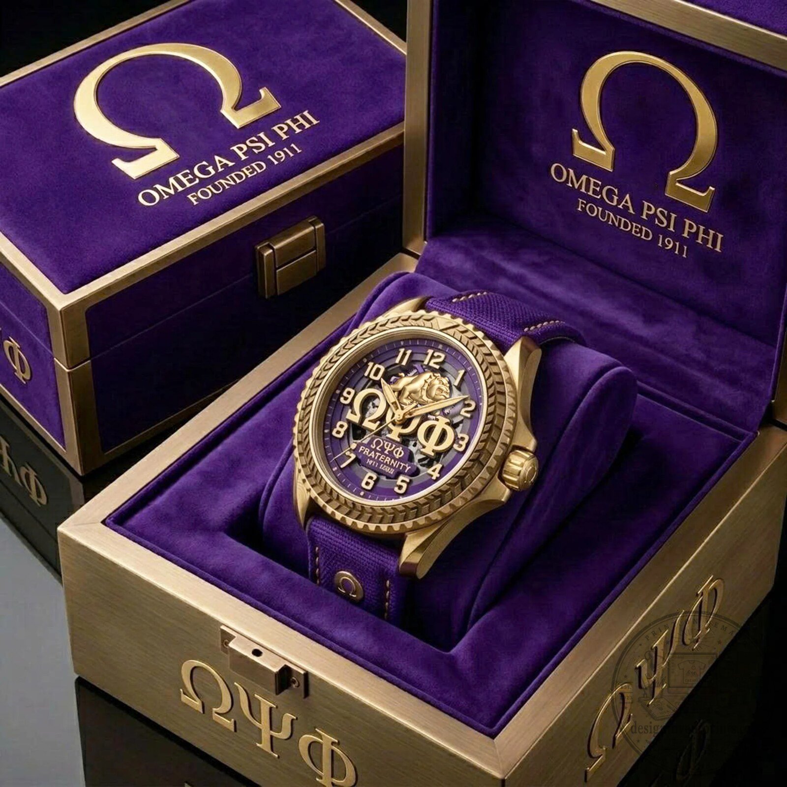 Omega Psi Phi Fraternity Gold Tone Watch with Purple Band and Bulldog Design 2 Omega Psi Phi Fraternity Gold Tone Watch with Purple Band and Bulldog Design