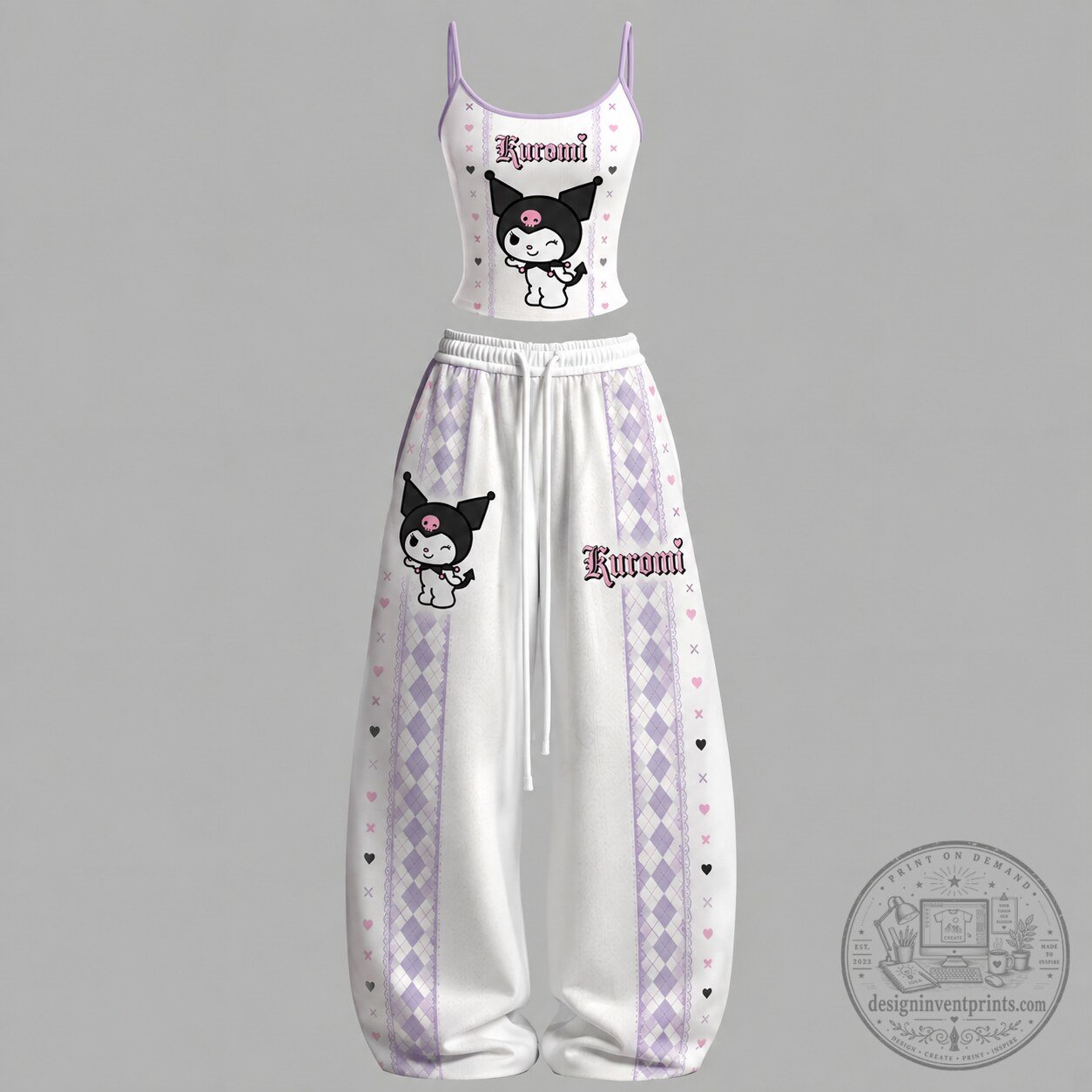 Kuromi Argyle Pattern Crop Top and Wide Leg Pants Two-Piece Set