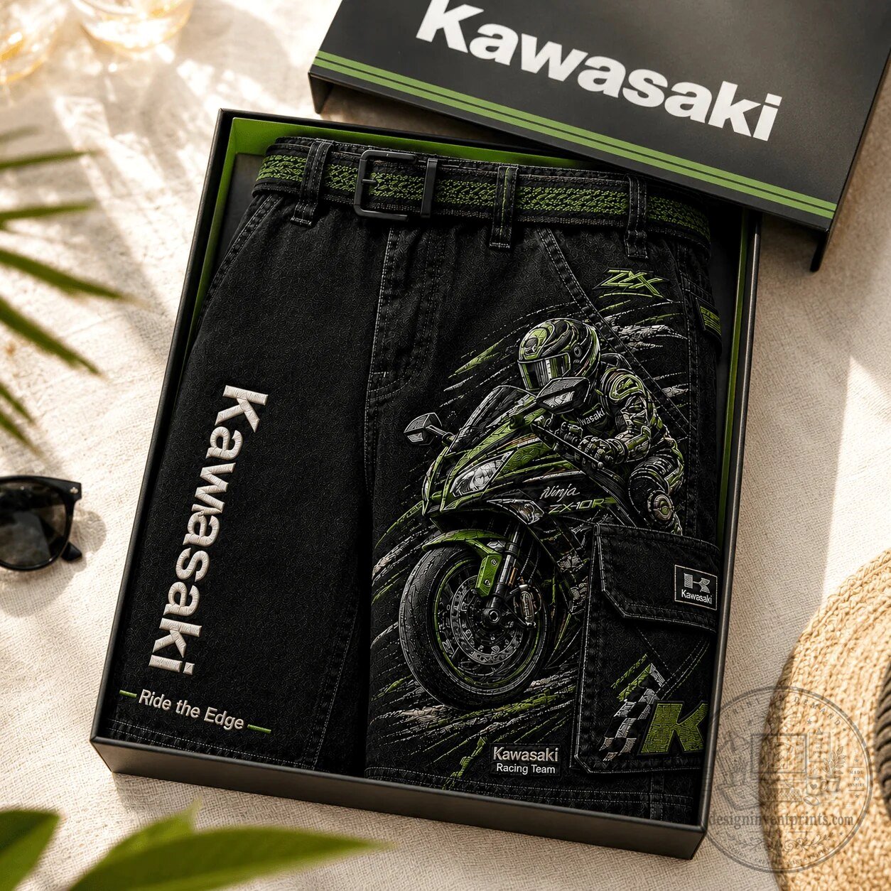Black Denim Shorts for Kawasaki Ninja ZX-10R Racing Team 9 Black Denim Shorts for Kawasaki Ninja ZX-10R Racing Team