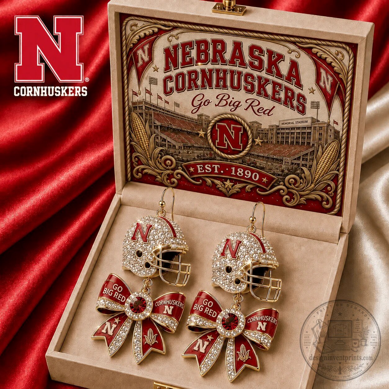 Dangle Earrings Featuring Nebraska Cornhuskers Football Helmet and Bow