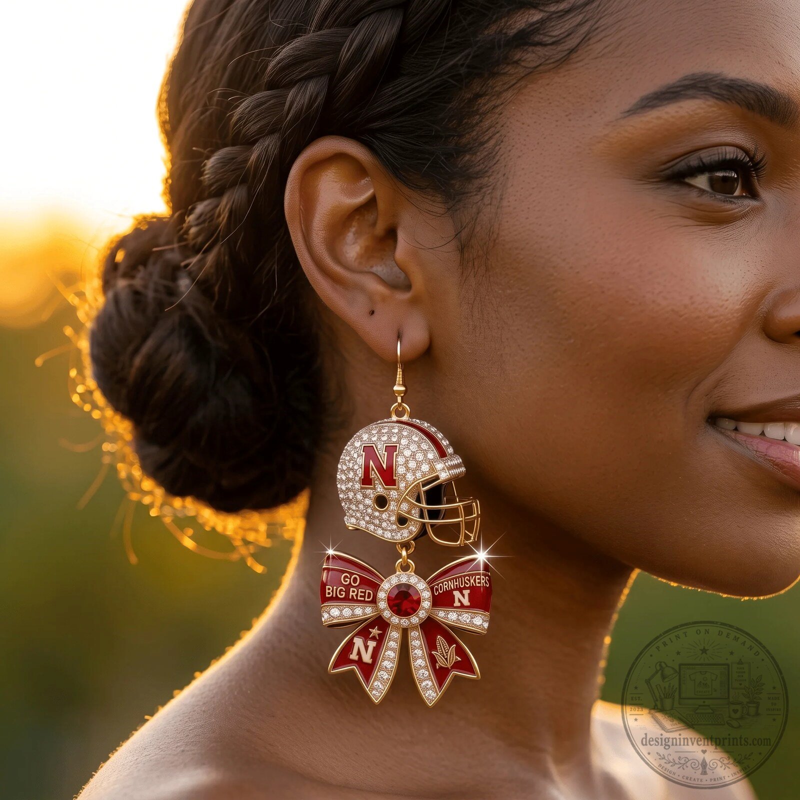 Dangle Earrings Featuring Nebraska Cornhuskers Football Helmet and Bow 6 Dangle Earrings Featuring Nebraska Cornhuskers Football Helmet and Bow