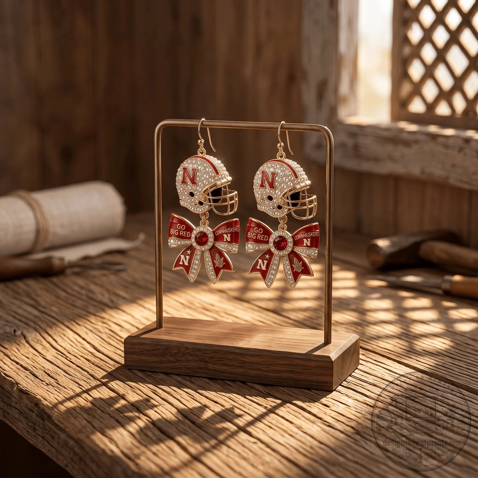 Dangle Earrings Featuring Nebraska Cornhuskers Football Helmet and Bow 7 Dangle Earrings Featuring Nebraska Cornhuskers Football Helmet and Bow