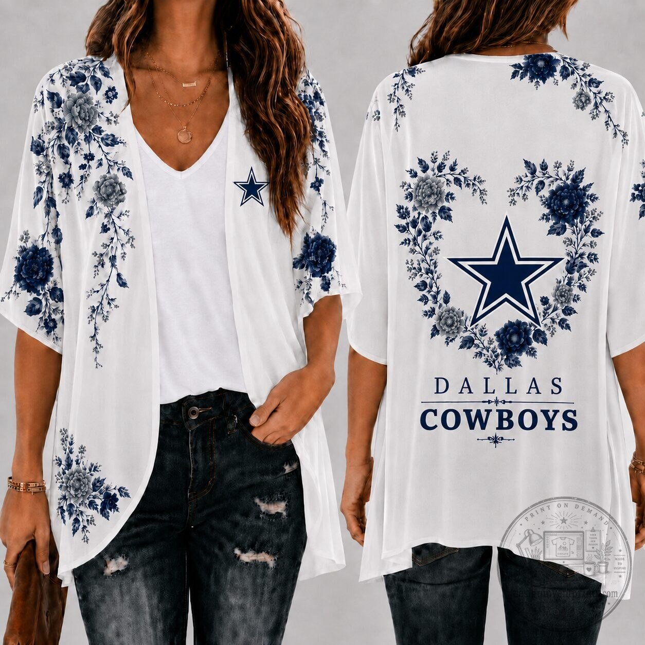 Dallas Cowboys Floral Kimono Cardigan for Women, Elegant Football Fan Apparel