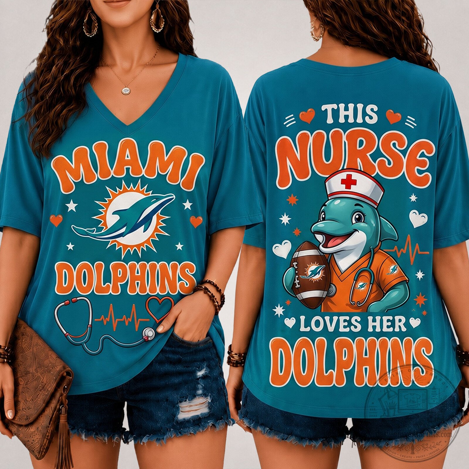Miami Dolphins Nurse Loves Her Dolphins V-Neck T-Shirt