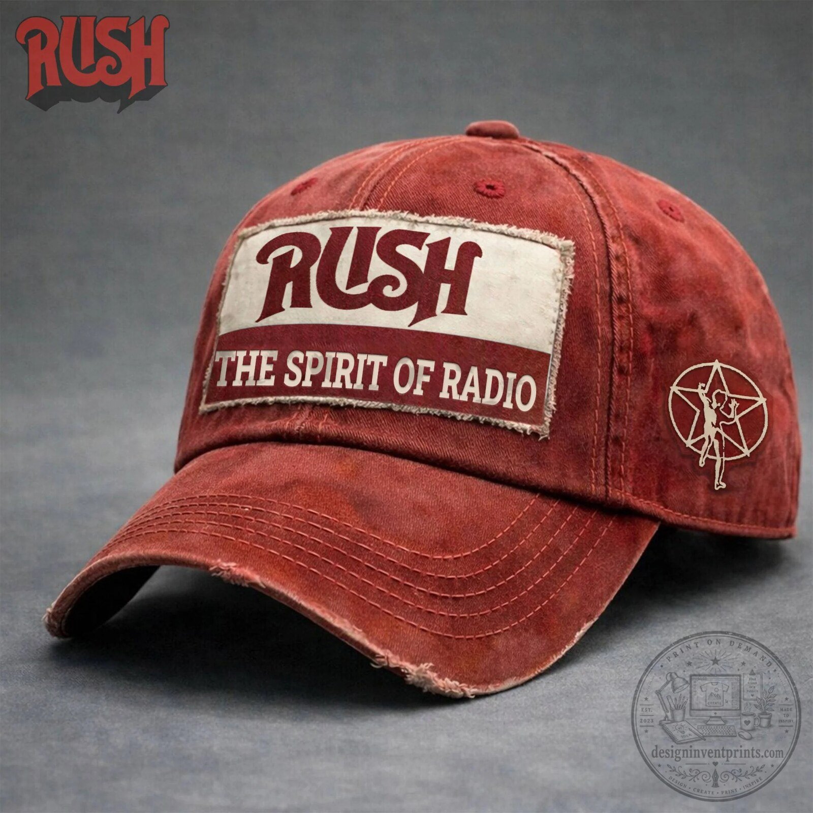 Rush The Spirit Of Radio Distressed Red Baseball Cap Hat