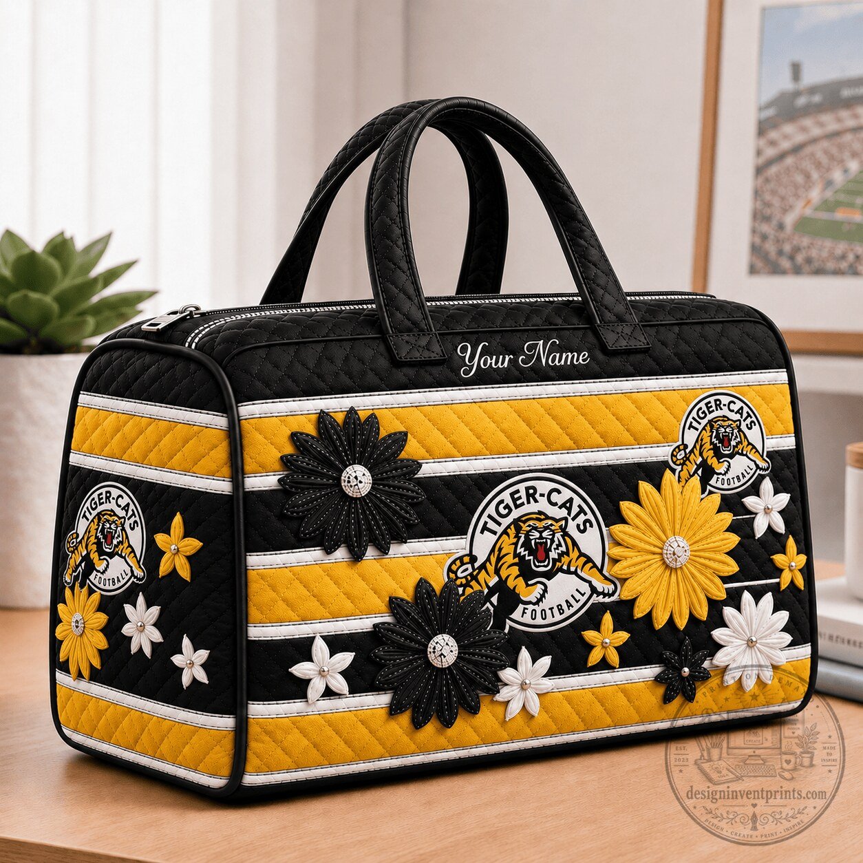 Hamilton Tiger-Cats Football Quilted Duffle Bag with Flower Pattern