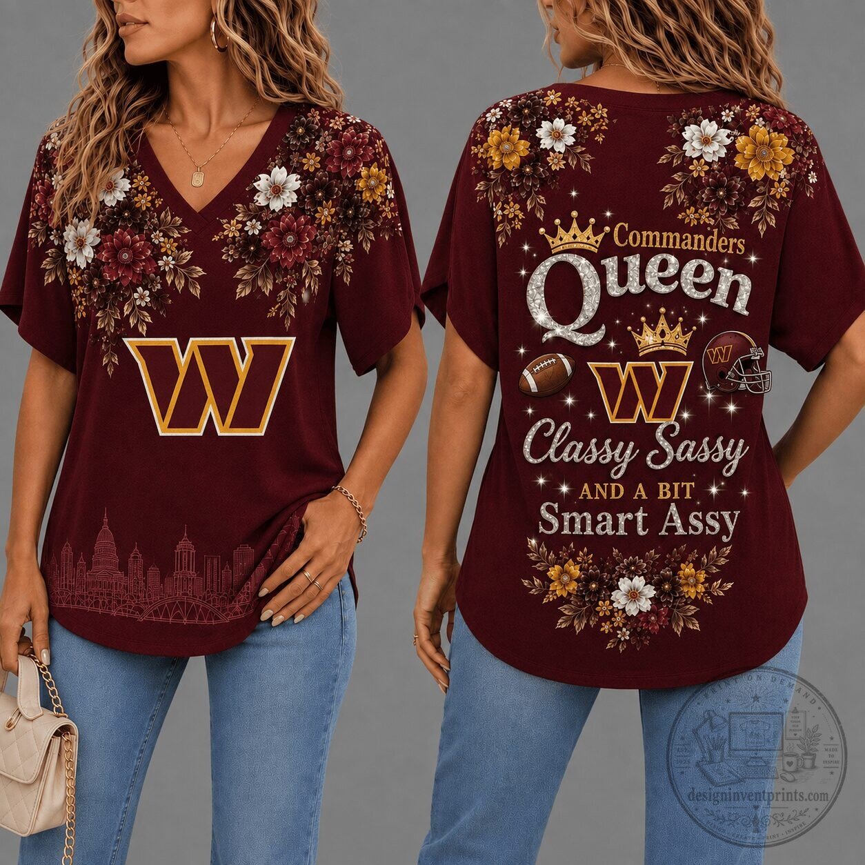 Los Angeles Chargers National Football League Team Custom Name Ring 5 Floral V-Neck T-Shirt for Women - Classy Sassy Washington Commanders Queen Design
