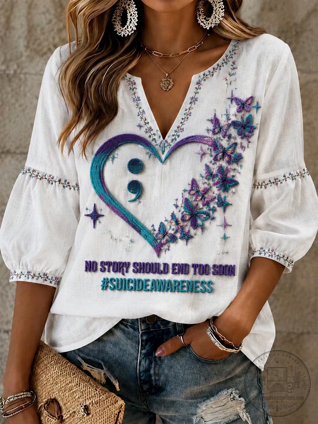 Suicide Awareness Semicolon Heart Butterfly Embroidered V-Neck Long Sleeve Shirt