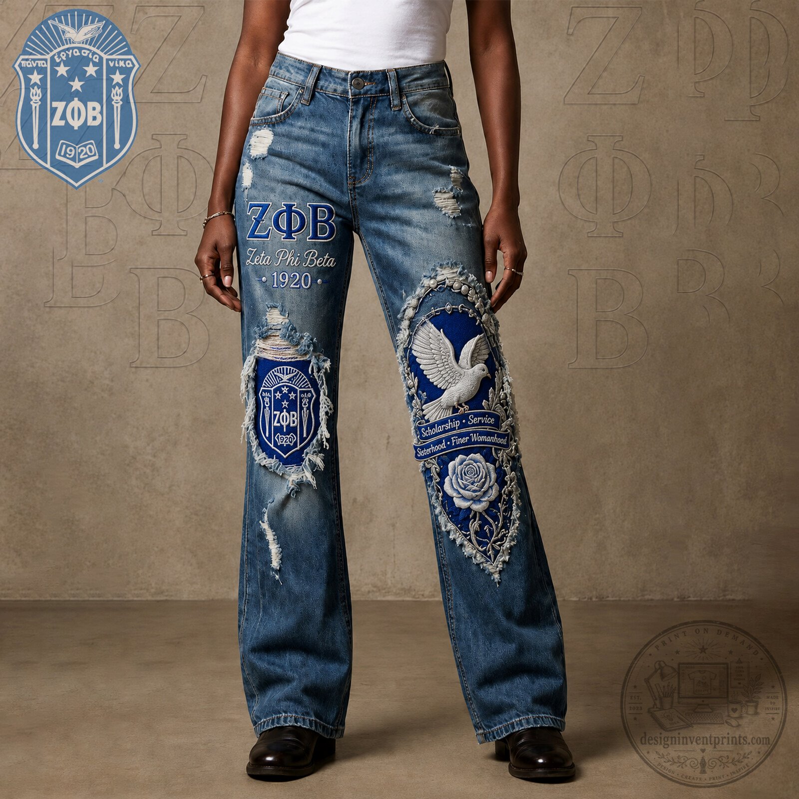 Zeta Phi Beta Sorority Distressed Denim Jeans with Embroidered Patches 2 Zeta Phi Beta Sorority Distressed Denim Jeans with Embroidered Patches