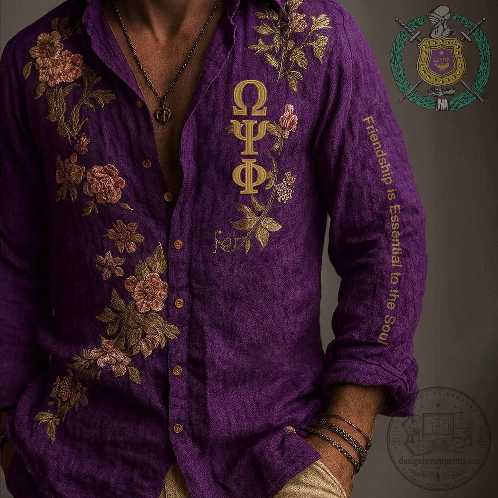 Embroidered Long Sleeve Button-Up Shirt in Purple for Omega Psi Phi Fraternity
