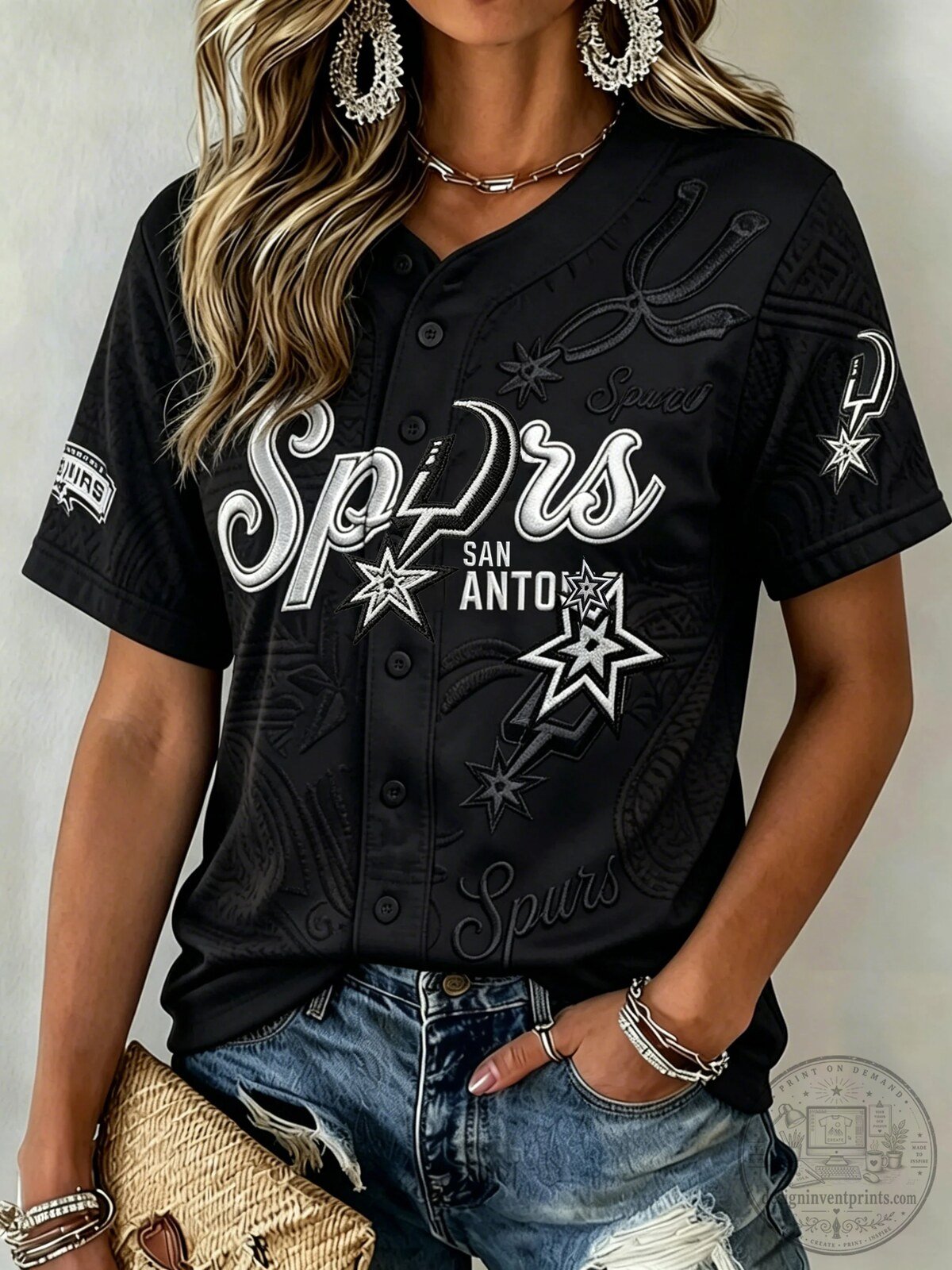 San Antonio Spurs Black Custom Embroidered Baseball Jersey for Women