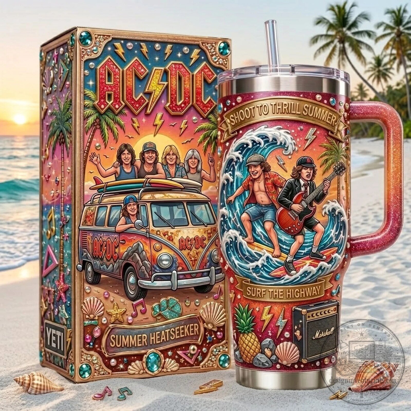 ACDC Shoot to Thrill Summer Surf the Highway Insulated Tumbler with Handle