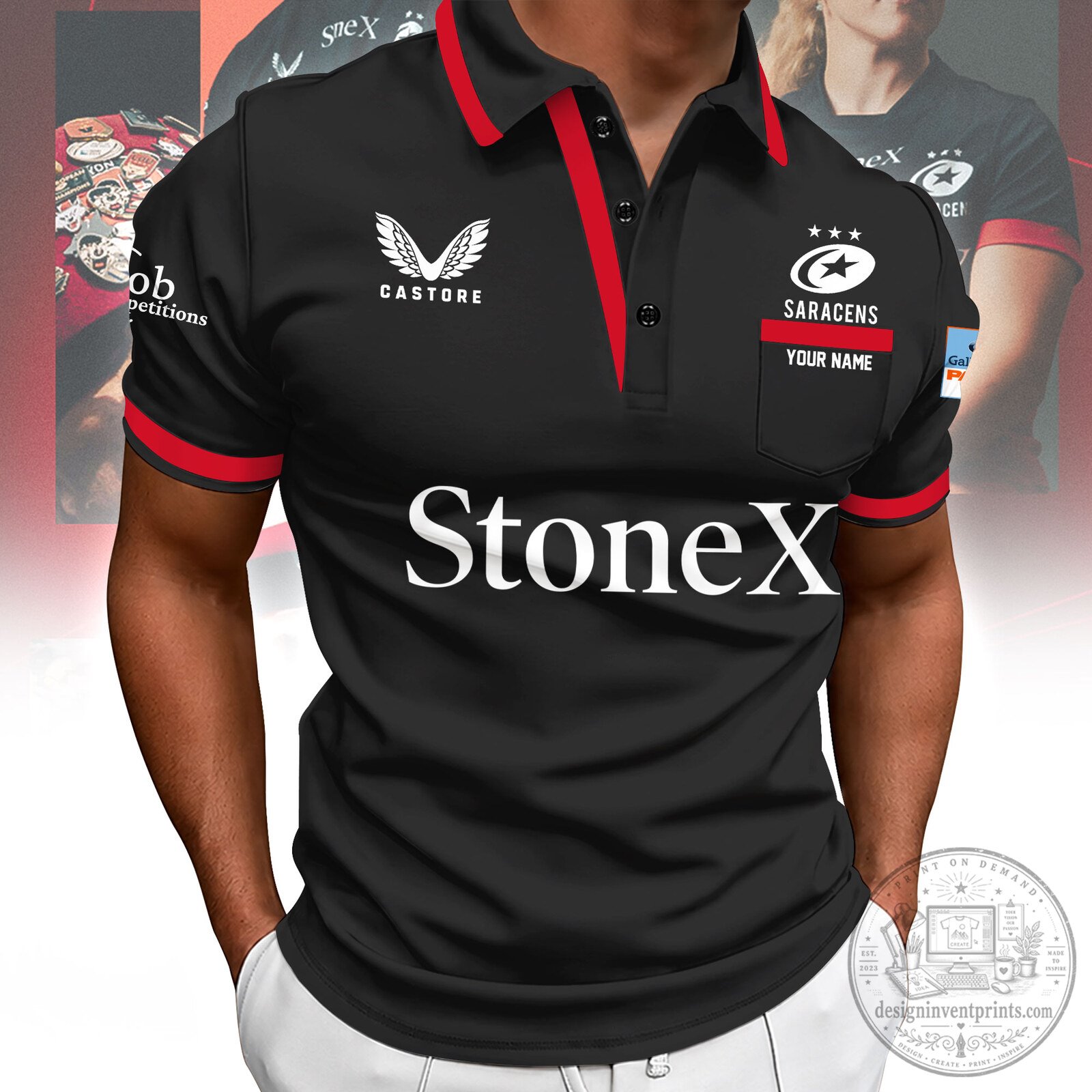 Saracens Rugby Football Club Black and Red Stripe Polo Shirt
