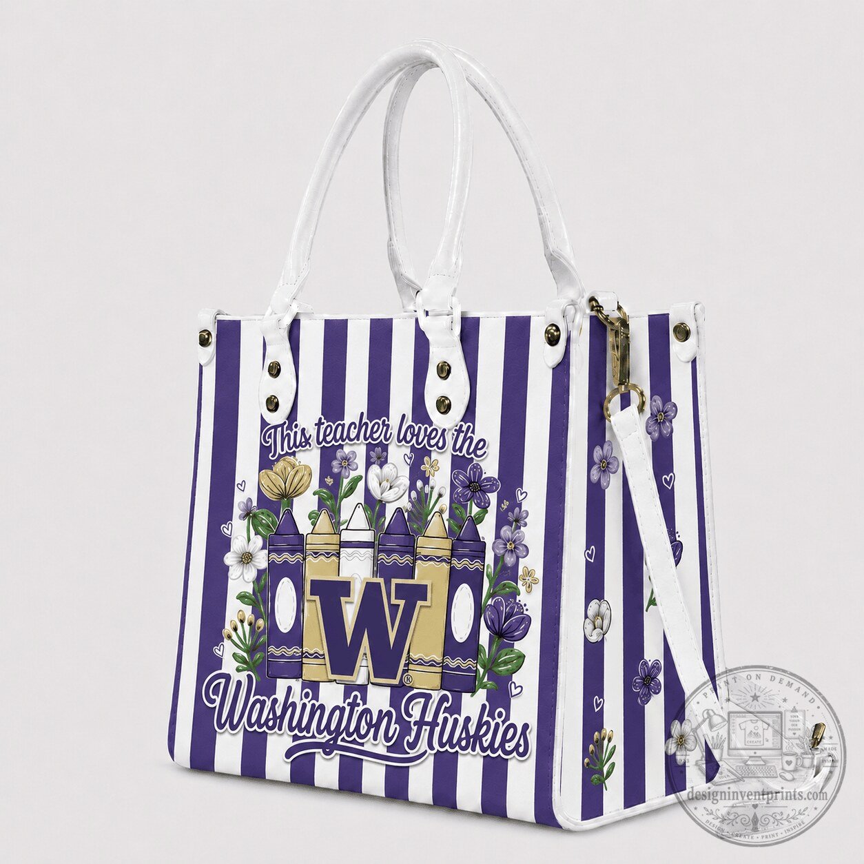 Washington Huskies Floral Crayon Teacher Striped Leather Handbag
