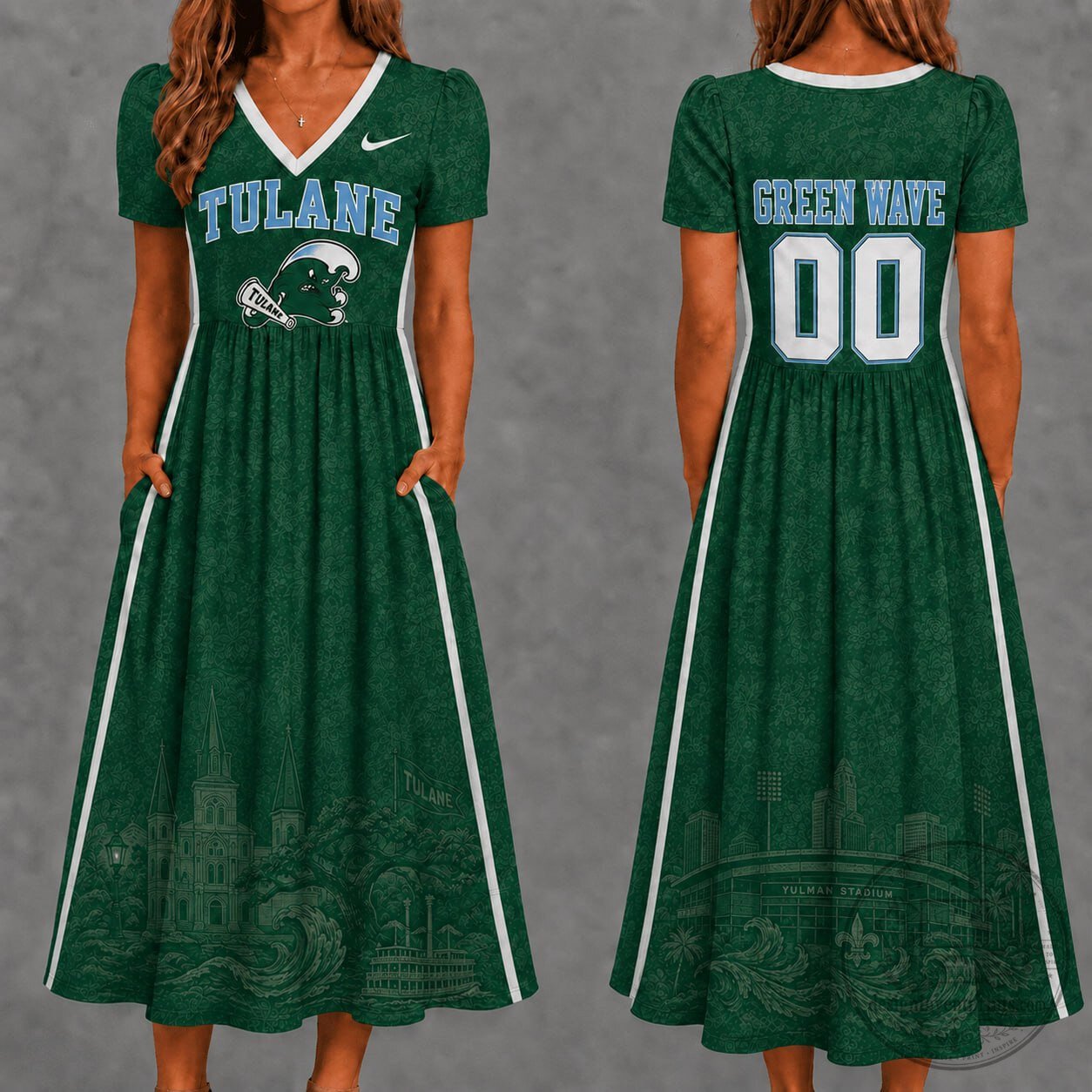 Tulane Green Wave Women's Personalized V-Neck Midi Dress with Pockets