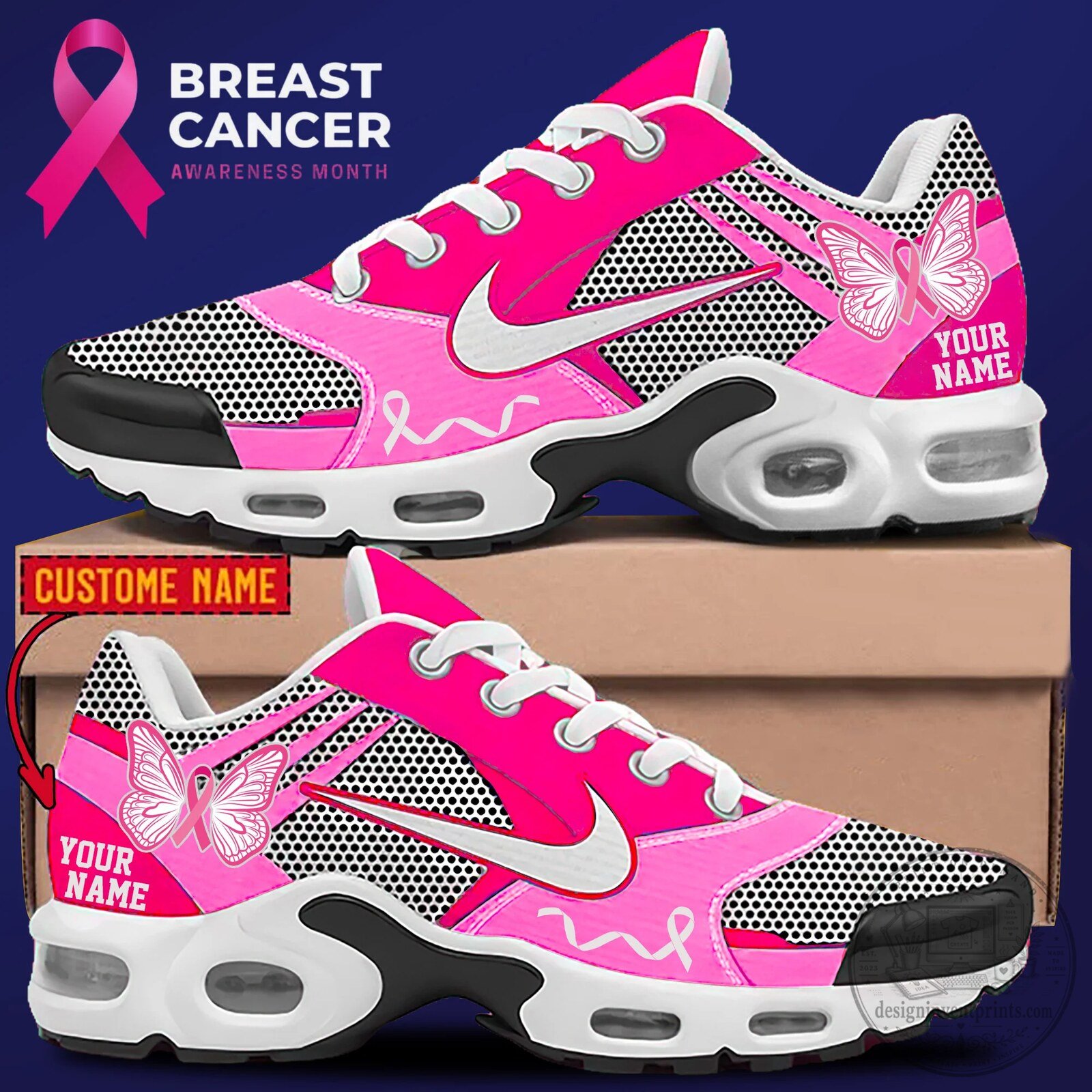 Breast Cancer Awareness Month Custom Name Butterfly Ribbon Pink Sneakers