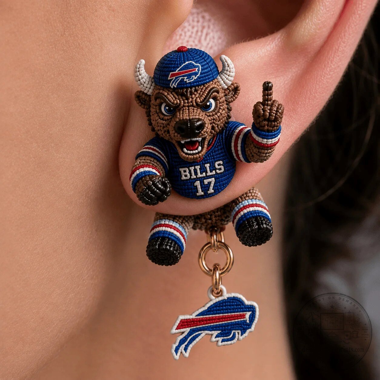 Buffalo Bills Football Team Dangle Earrings with Mascot and Logo Charm