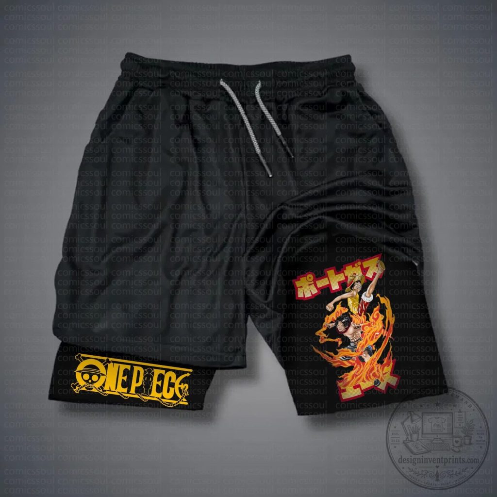 One Piece Anime Luffy and Ace Fire Graphic Black Drawstring Shorts One Piece Anime Luffy and Ace Fire Graphic Black Drawstring Shorts
