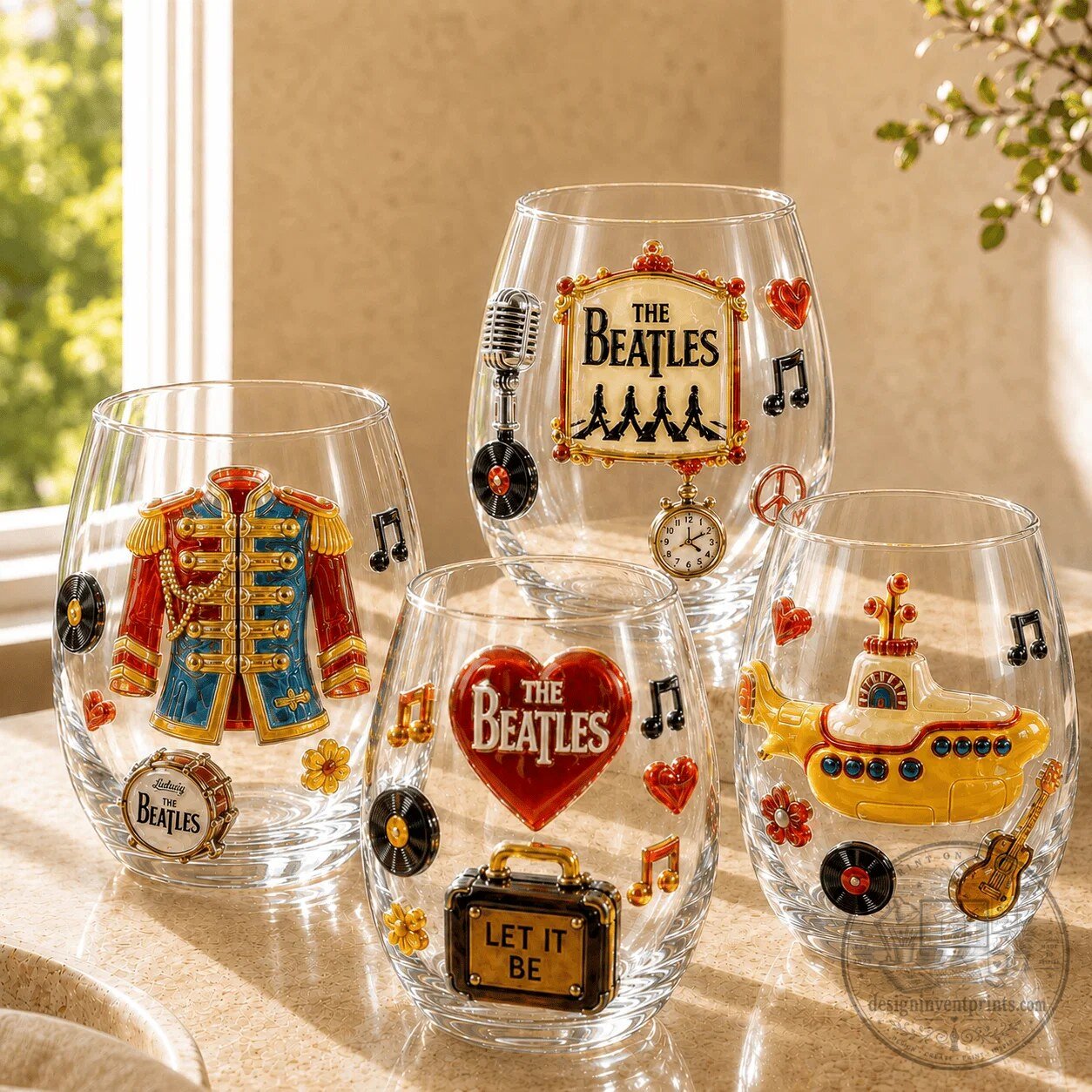 The Beatles Yellow Submarine Sgt Pepper Drum Let It Be Stemless Wine Glass Set