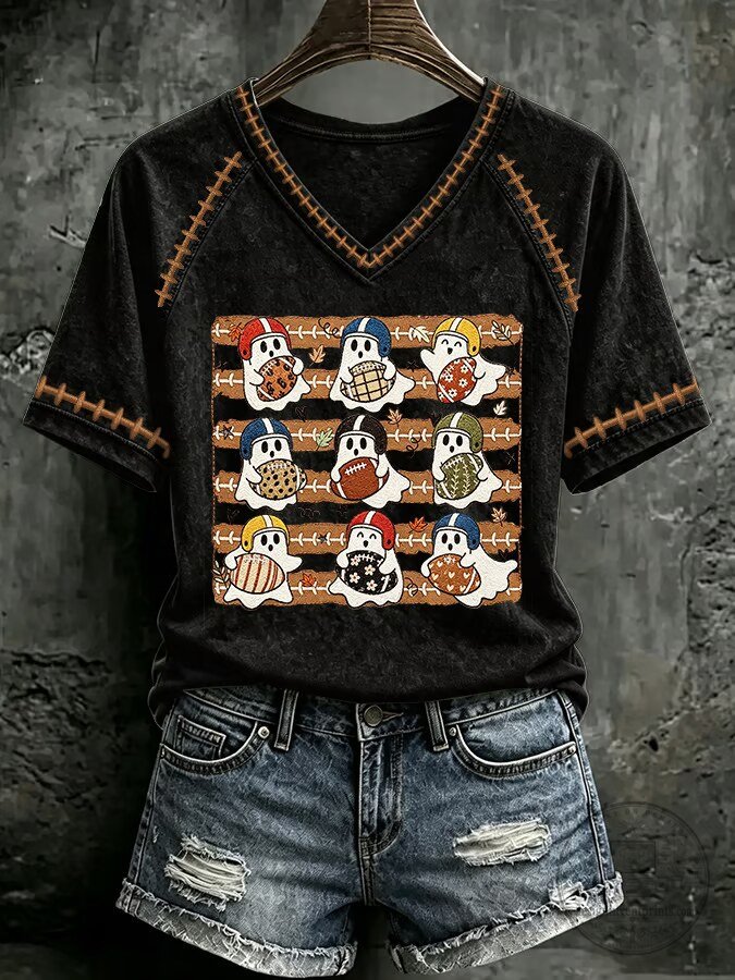 Halloween Football Ghost Print V-Neck Short Sleeve T-Shirt 7 Halloween Football Ghost Print V-Neck Short Sleeve T-Shirt