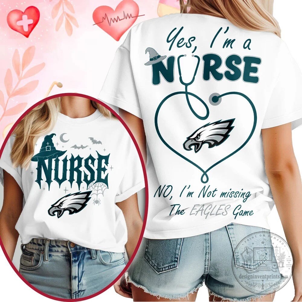 White T-Shirt for Halloween Game Day featuring Philadelphia Eagles Nurse Design
