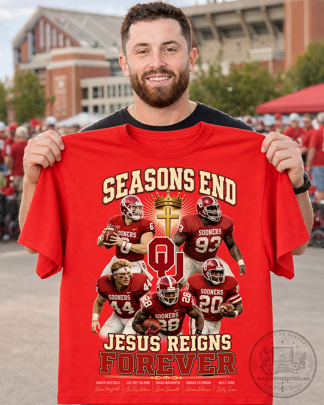Red T-Shirt Featuring Jesus Reigns Forever for Oklahoma Sooners Football Fans