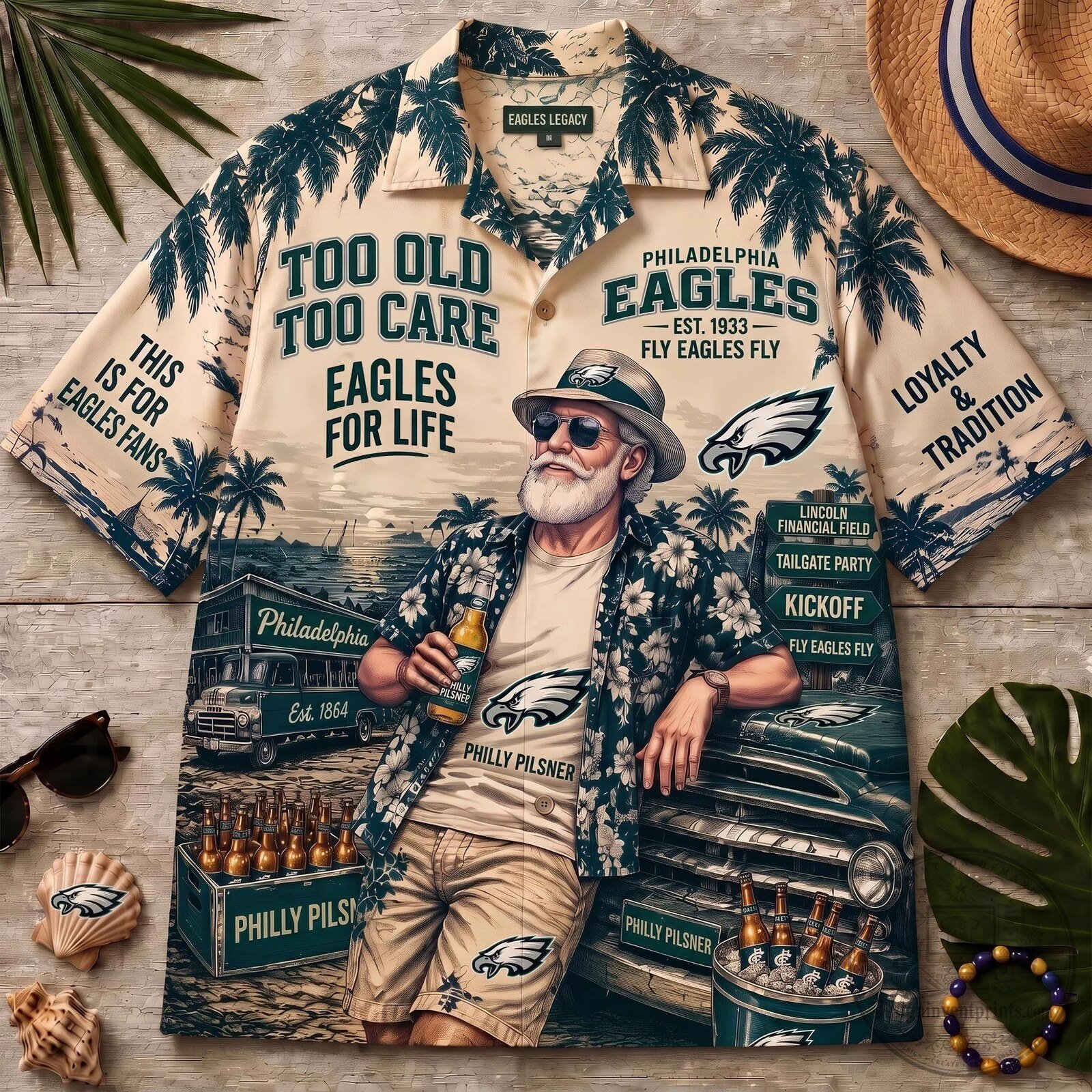 Hawaiian Shirt Featuring Philadelphia Eagles Too Old Too Care Design for Life
