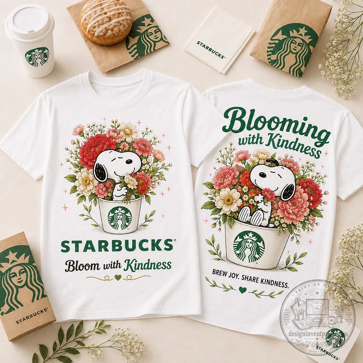 Snoopy Starbucks Bloom With Kindness Floral Bouquet T-Shirt