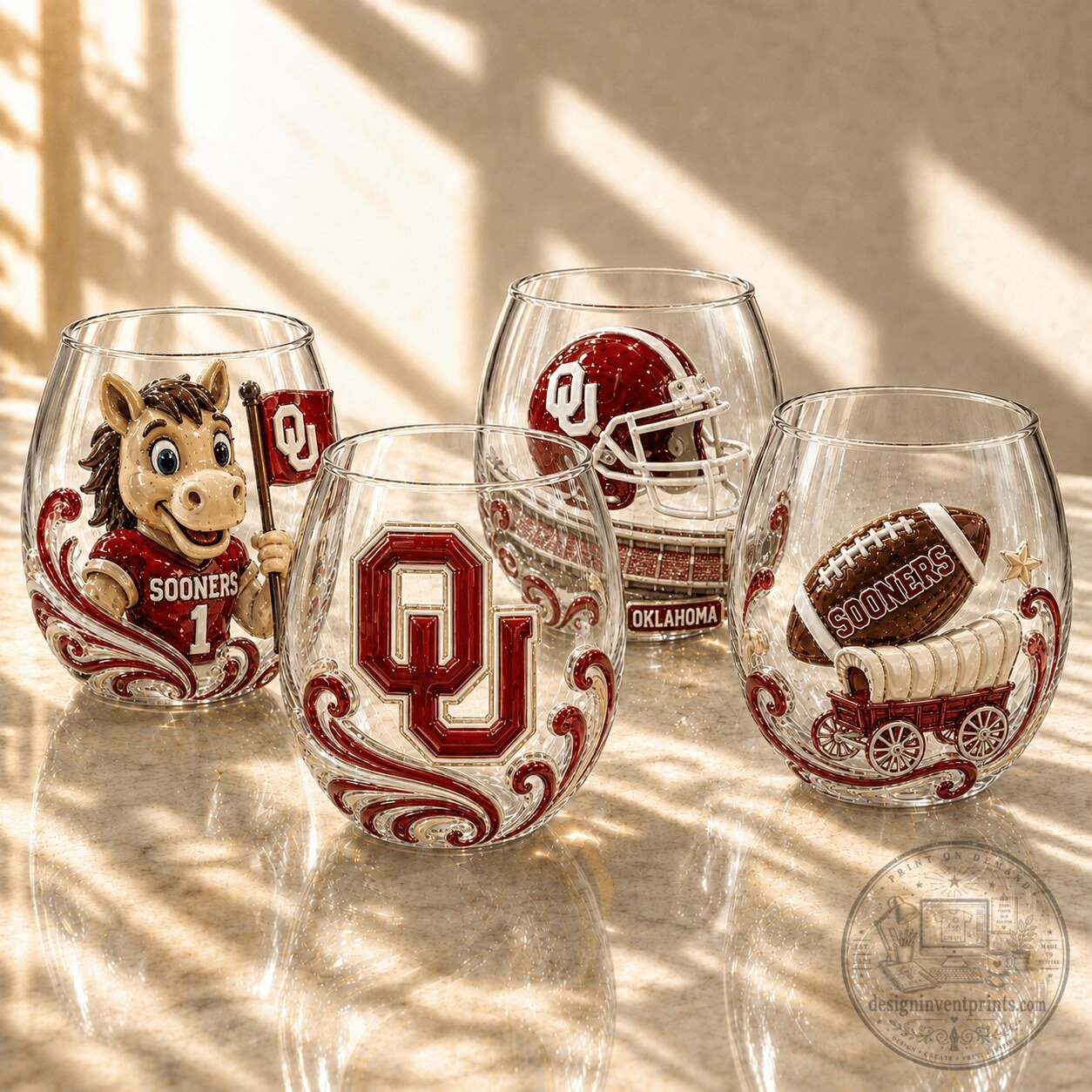 Oklahoma Sooners Football Team Stemless Wine Glass Set
