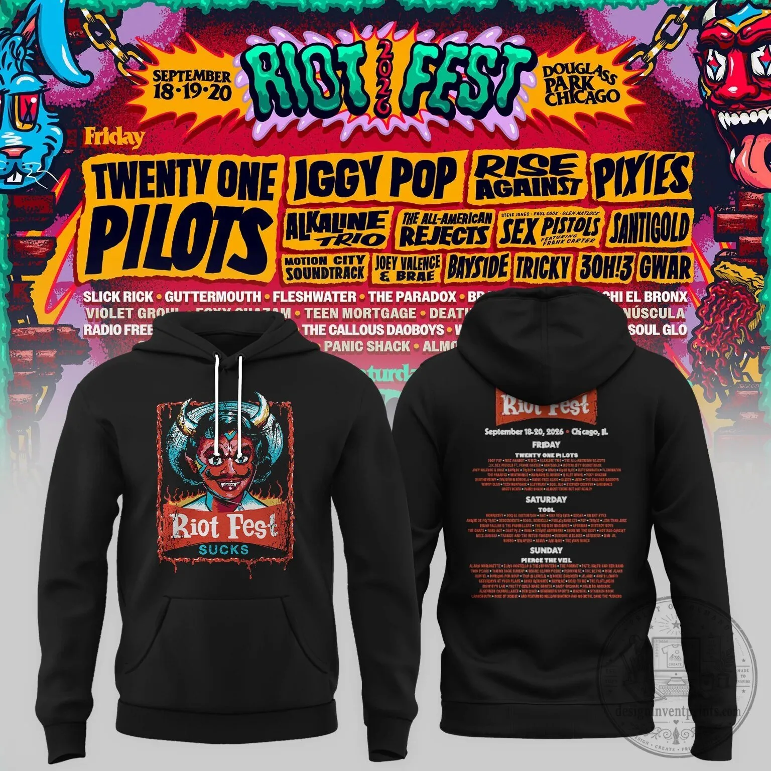 Riot Fest Sucks Devil Skull September 2026 Chicago Music Festival Hoodie