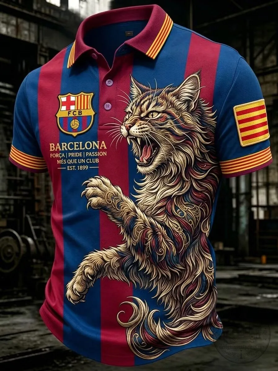FC Barcelona Cat Graphic Striped Polo Shirt 23 FC Barcelona Cat Graphic Striped Polo Shirt