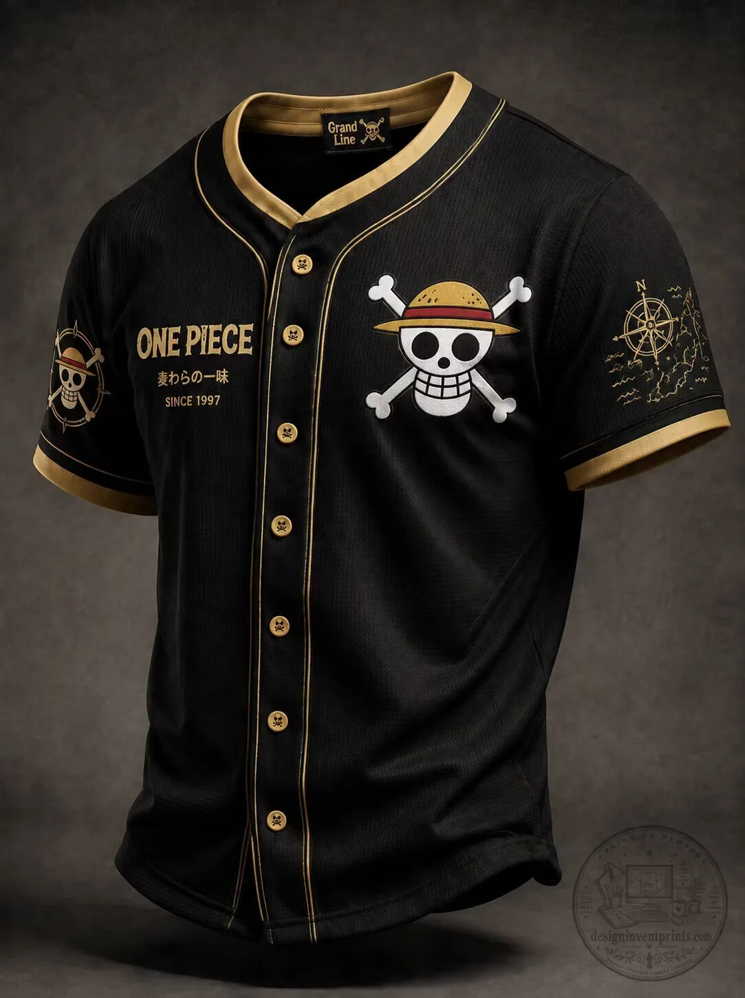 One Piece Straw Hat Pirates Skull Logo Black Baseball Jersey