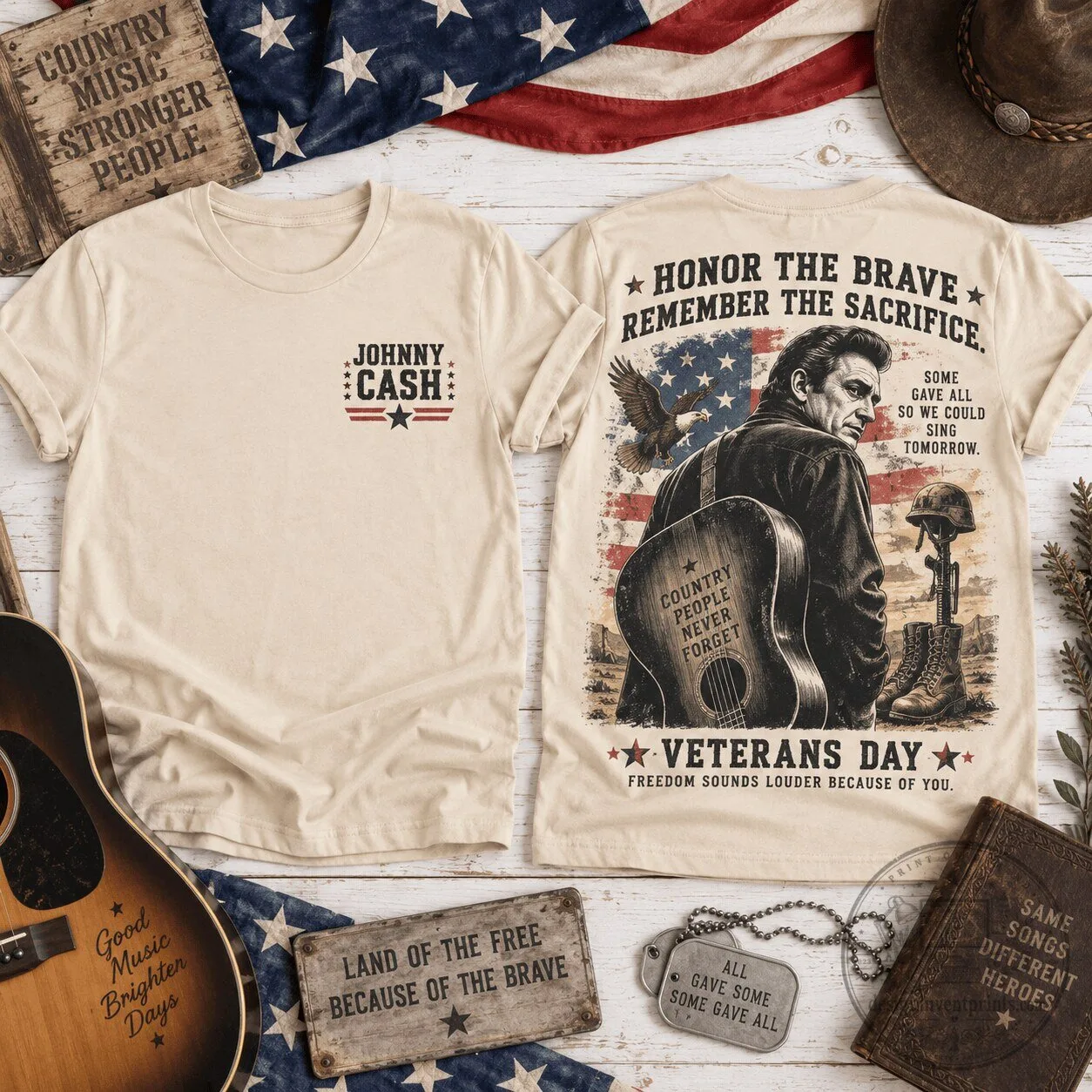Johnny Cash Honor The Brave Veterans Day American Flag Patriotic T-Shirt