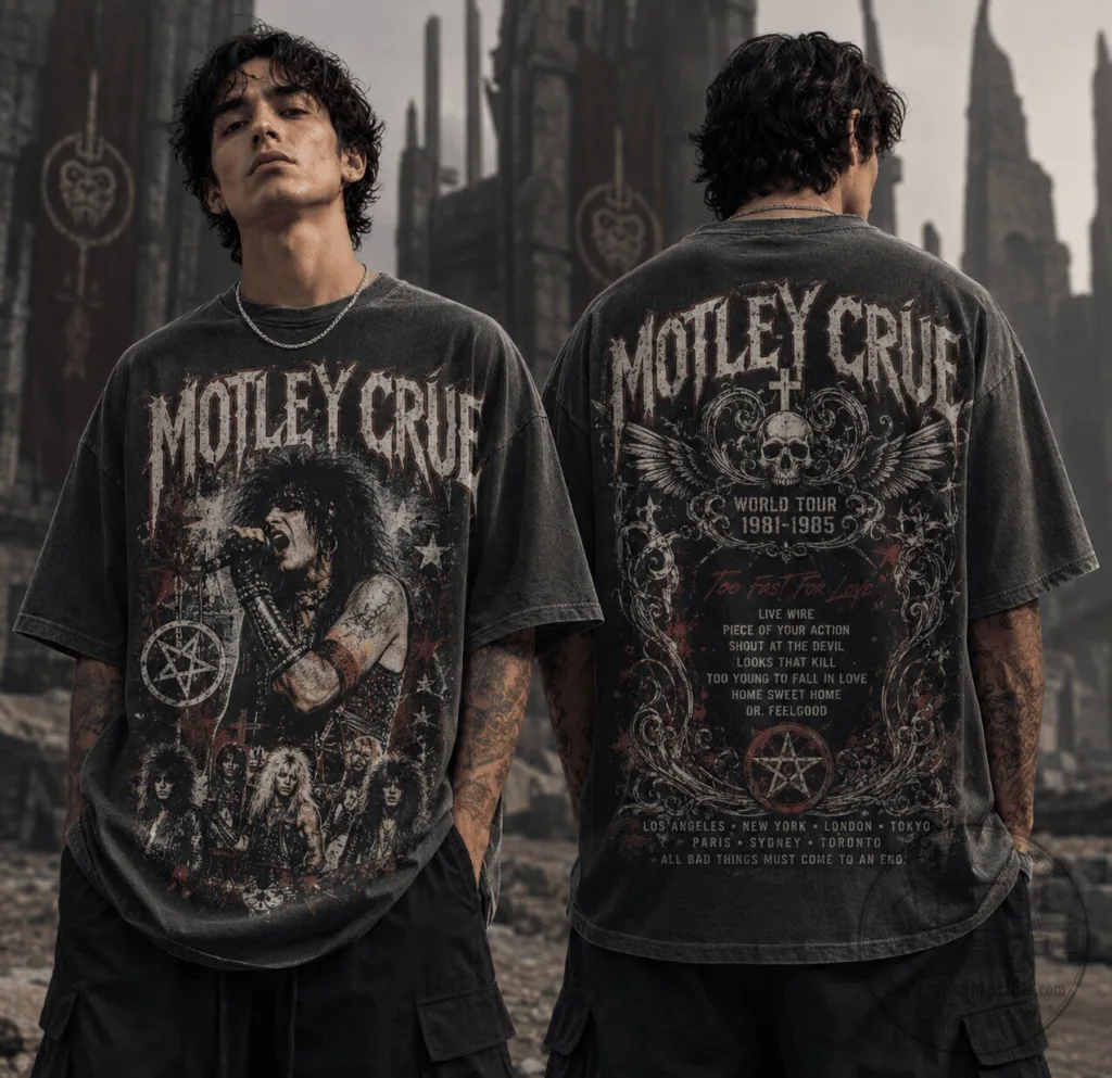 Motley Crue Rock Band Shirt, World Tour 1981-1985 Graphic, Heavy Metal Fan T-Shirt 15 Motley Crue Rock Band Shirt, World Tour 1981-1985 Graphic, Heavy Metal Fan T-Shirt