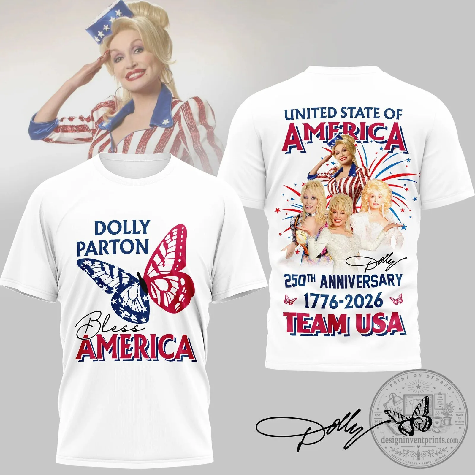 Dolly Parton Bless America Patriotic Butterfly 250th Anniversary Team USA T-Shirt