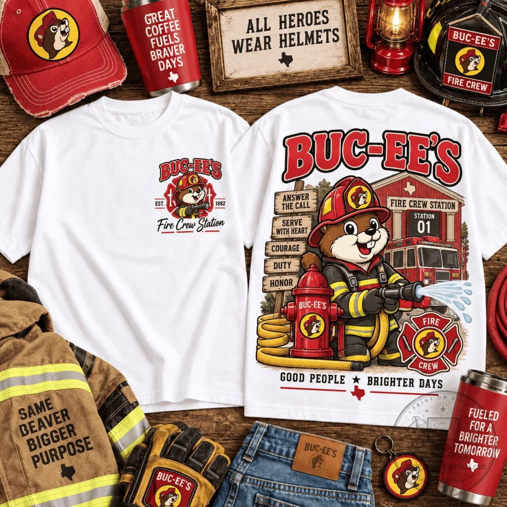 Buc-ee's Fire Crew Station Beaver Mascot T-Shirt, All Heroes Wear Helmets Tee Buc-ee's Fire Crew Station Beaver Mascot T-Shirt, All Heroes Wear Helmets Tee