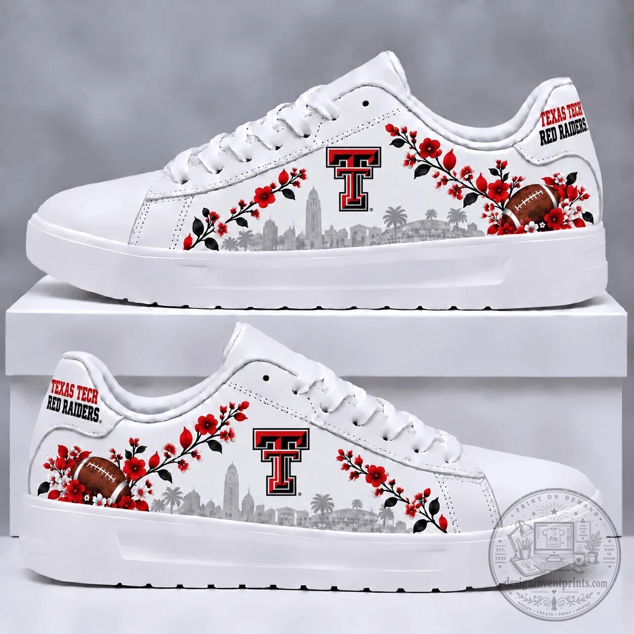 White Sneakers with Floral Design for Texas Tech Red Raiders