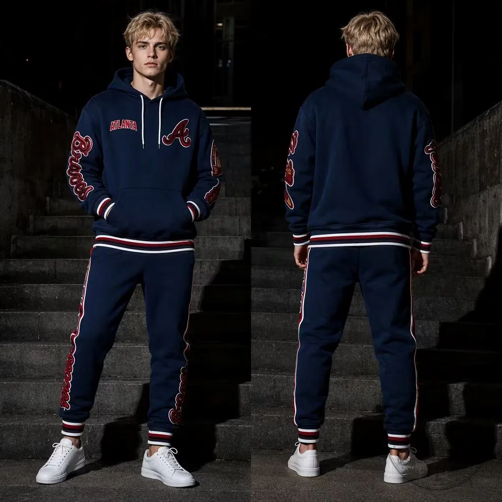 Atlanta Braves Navy Blue Embroidered Logo Hoodie and Sweatpants Set