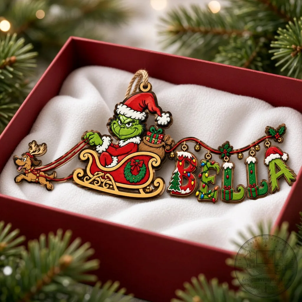 The Grinch Sleigh Christmas Tree Ornament with Personalized Name Art